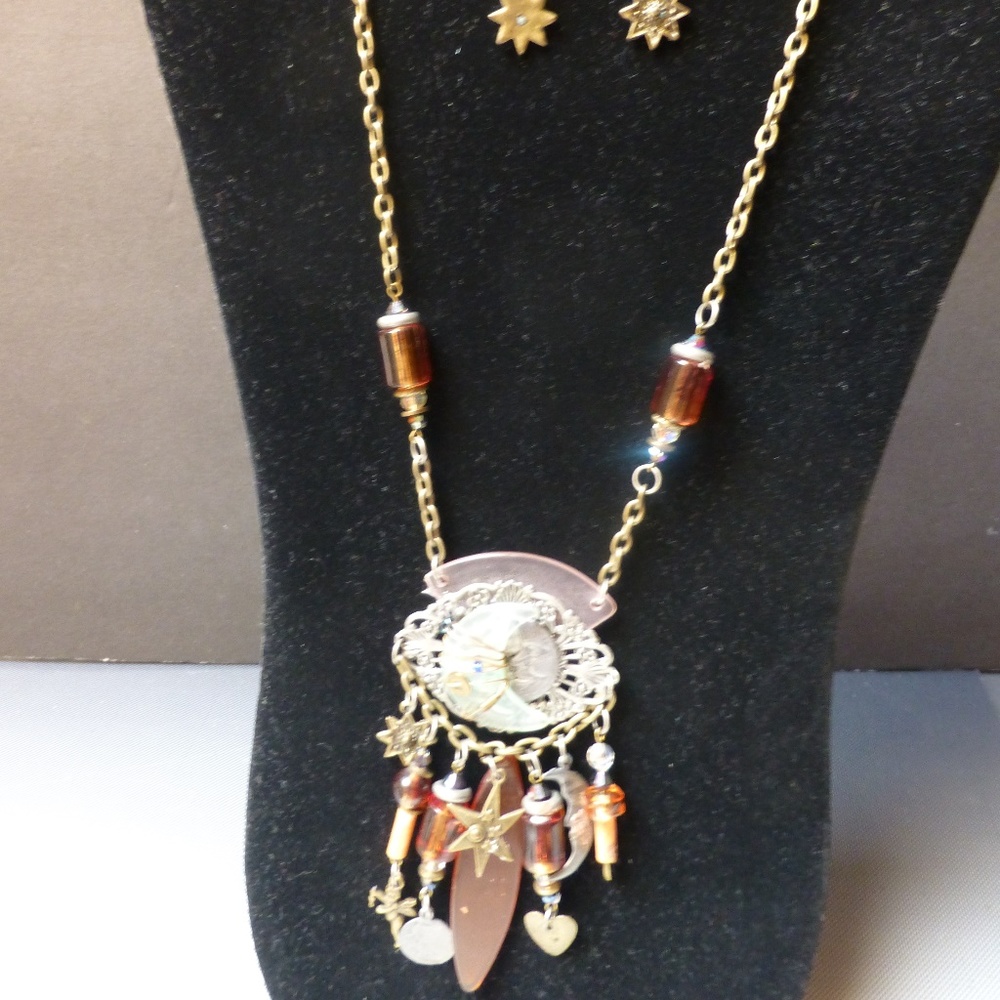 BLAZING BOHO GYPSY DANGLING MOON STARS NECKLACE MATCHING EARRINGS